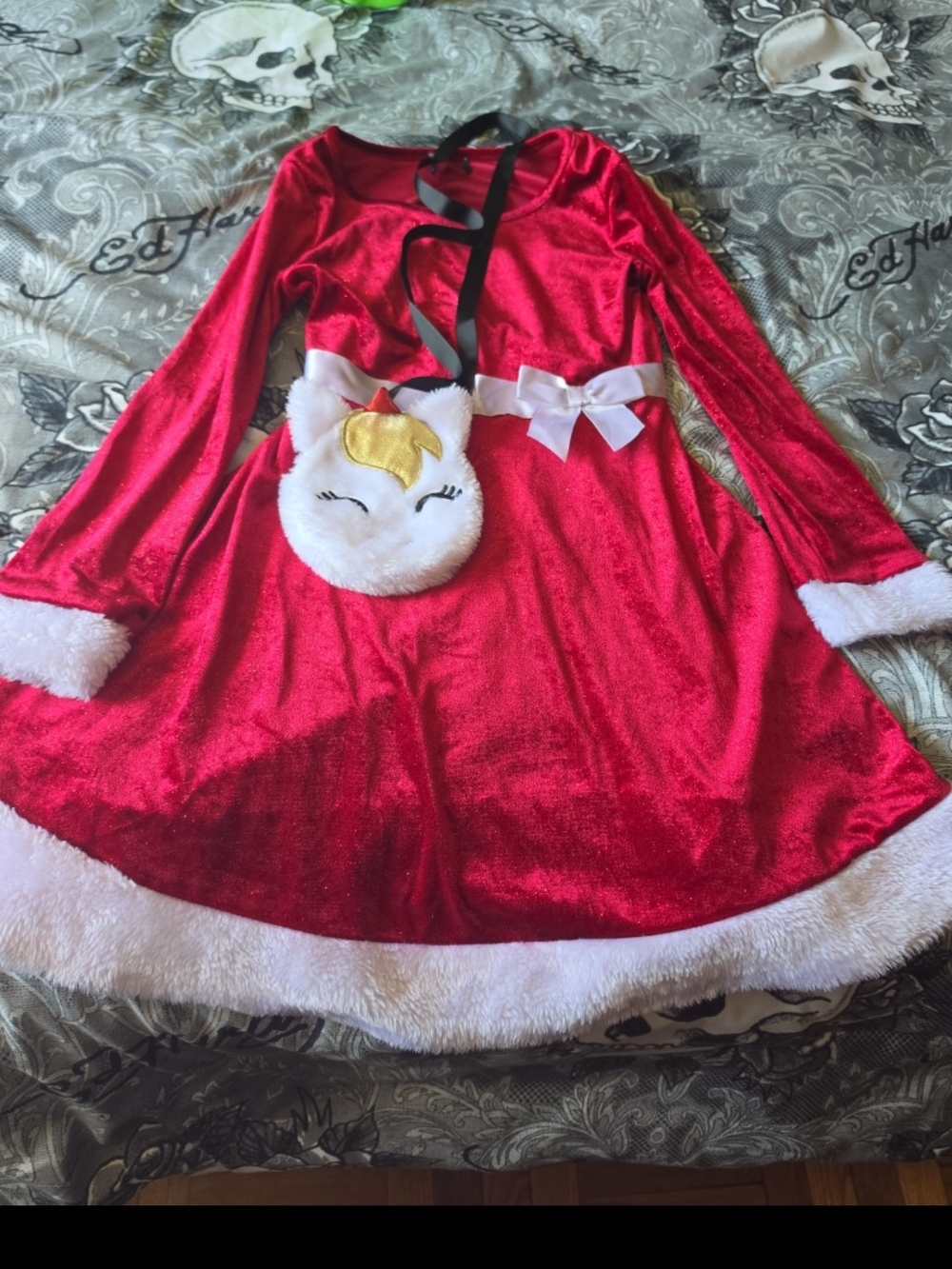 lilt Red Velvet Holiday Dress with White Trim and Unicorn Purse